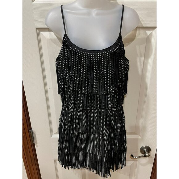 Black Studded Fringe Mini Dress With Adjustable Spaghetti Straps & Back Zipper C - Picture 4 of 8